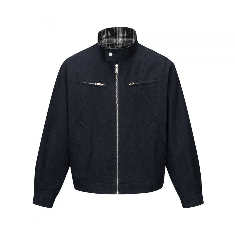 Men's cropped canvas blouson jacket with stand-up collar, zippered pockets, and checkered lining Mune Fashion