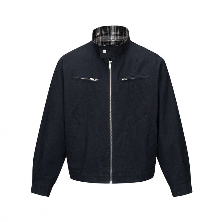 Men's cropped canvas blouson jacket with stand-up collar, zippered pockets, and checkered lining Mune Fashion