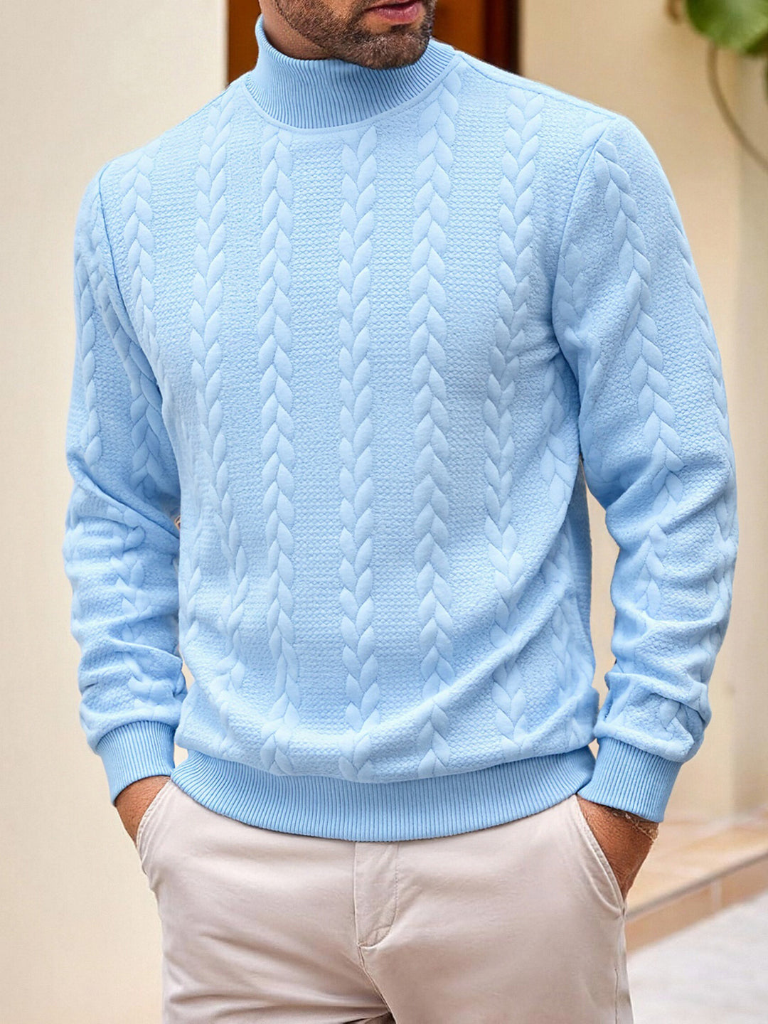 Men's thick knit cable knit sweater with half standing collar and elastic ribbed cuffs Mune Fashion