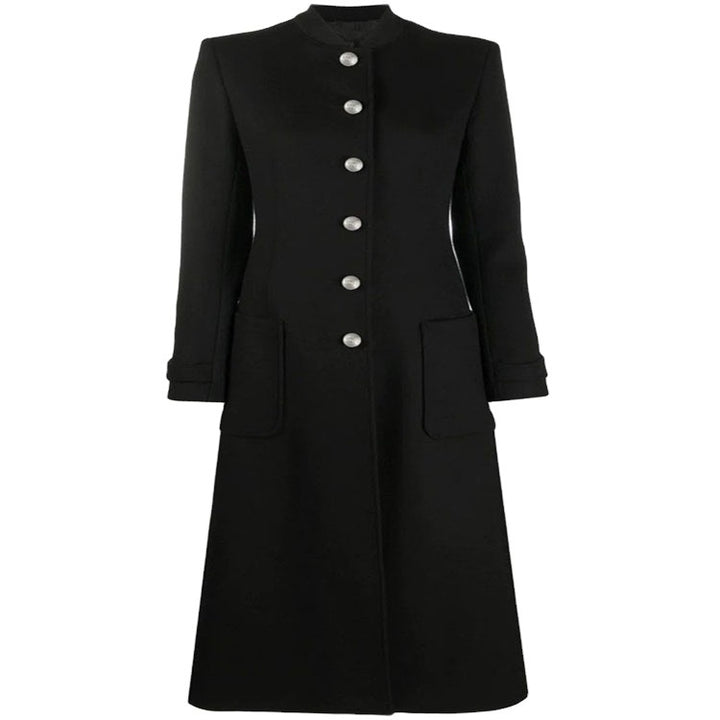 Women's Ankle-Length Tailored Wool Blend Coat with Stand-Up Collar and Decorative Button Placket Mune Fashion