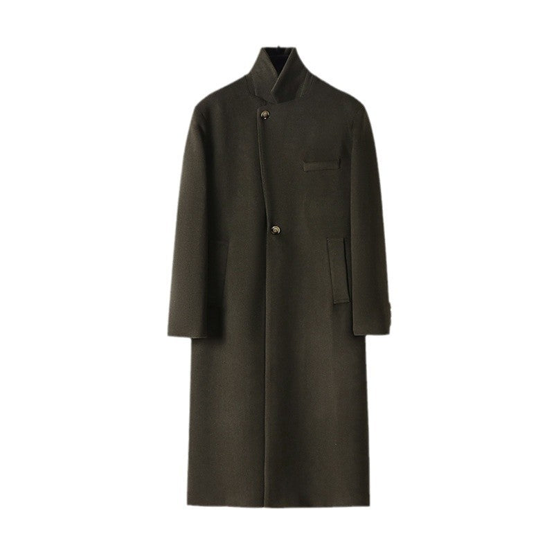 Men's Elegant Long Single-Breasted Wool Coat with Narrow Lapels and Tailored Silhouette Mune Fashion