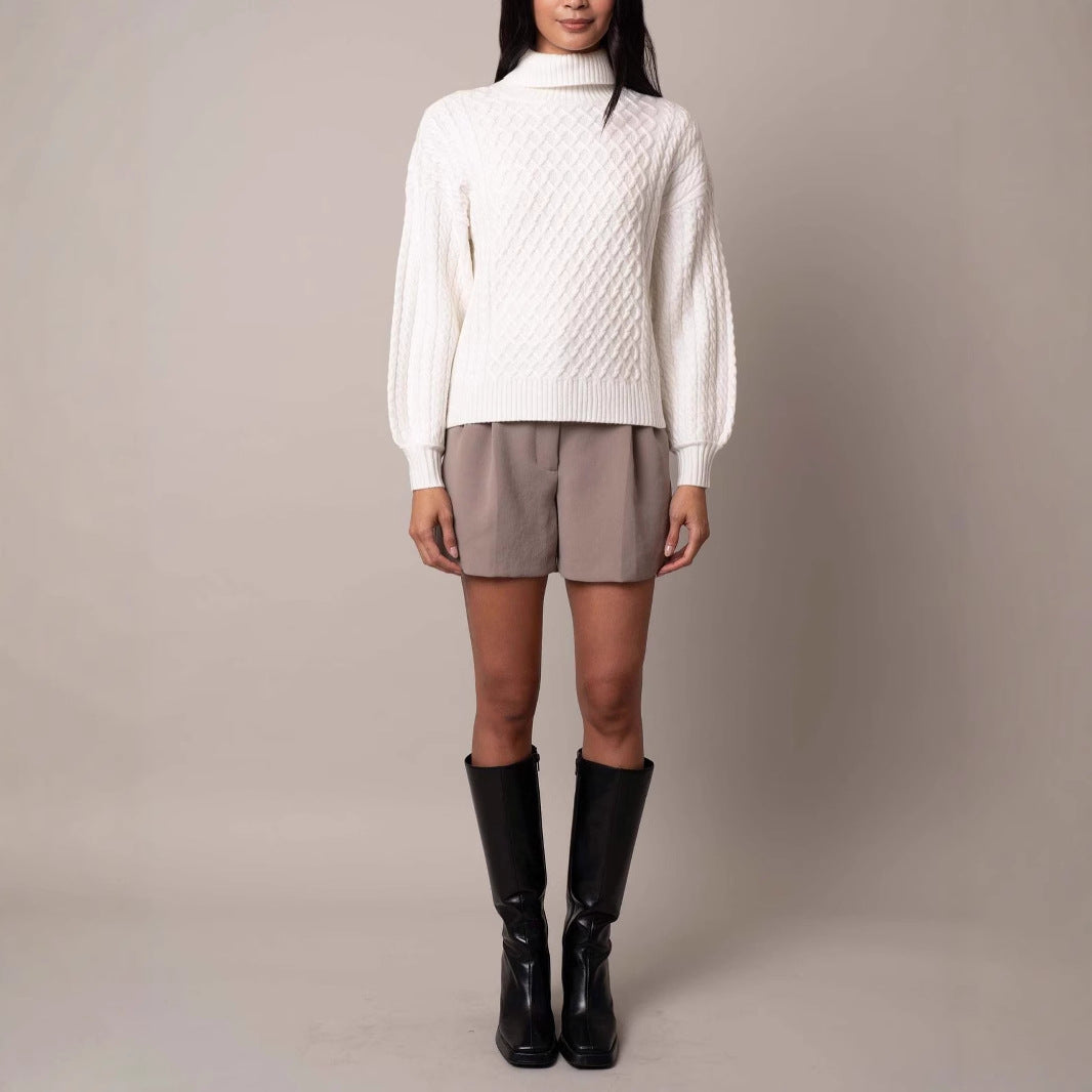 Women's stylish knitted sweater with high collar