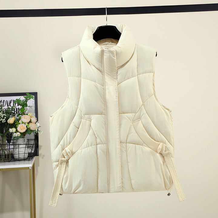 Women's Voluminous Sleeveless Down-Look Vest with Wide Stand-Up Collar and Side Gathered Straps Mune Fashion