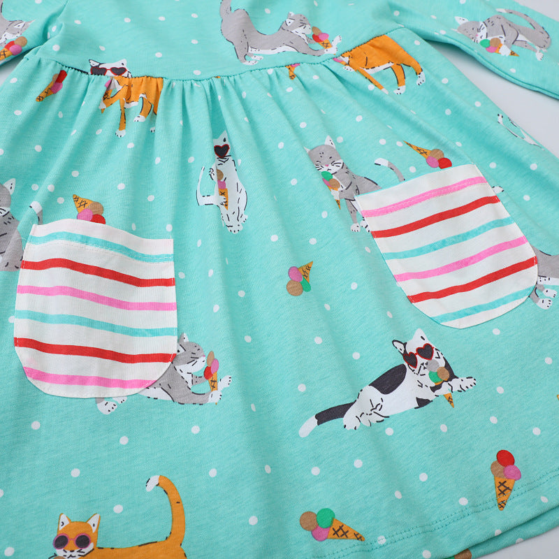 Girls casual dress with playful cat motif and practical pockets Mune Fashion