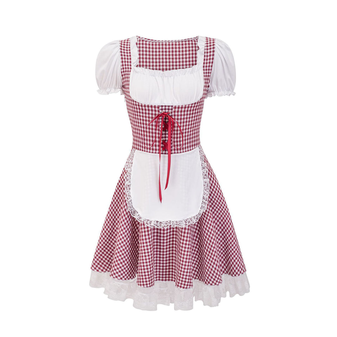 Women's Trachten dress in Vichy style with puff sleeves, lace-up corset, and lace apron Mune Fashion