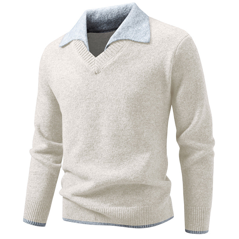 Men's fine knit sweater with shirt collar and V-neck Mune Fashion