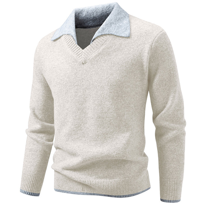 Men's fine knit sweater with shirt collar and V-neck Mune Fashion