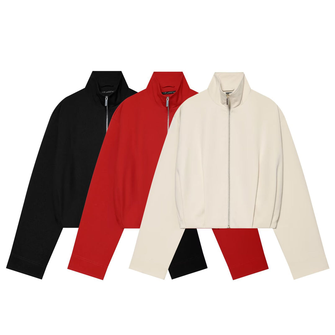 Women's cropped blouson jacket with high stand collar, boxy silhouette and continuous metal zipper Drune