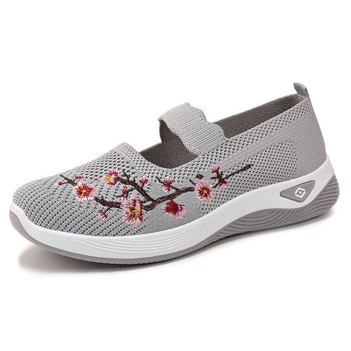 Ladies embroidered comfort ballerina with elastic Mary Jane strap, breathable knit upper and shock-absorbing EVA wedge sole Mune Fashion