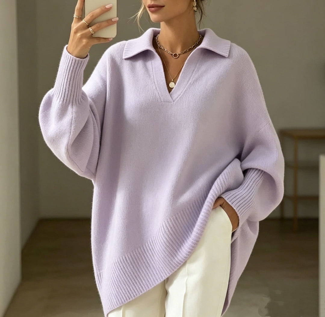Women Oversize Polo Collar V-Neck Knitted Sweater with Balloon Sleeves Mune Fashion
