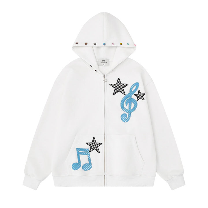 Women's hooded sweat jacket with creative music appliqués, checkered stars and zipper charm Mune Fashion