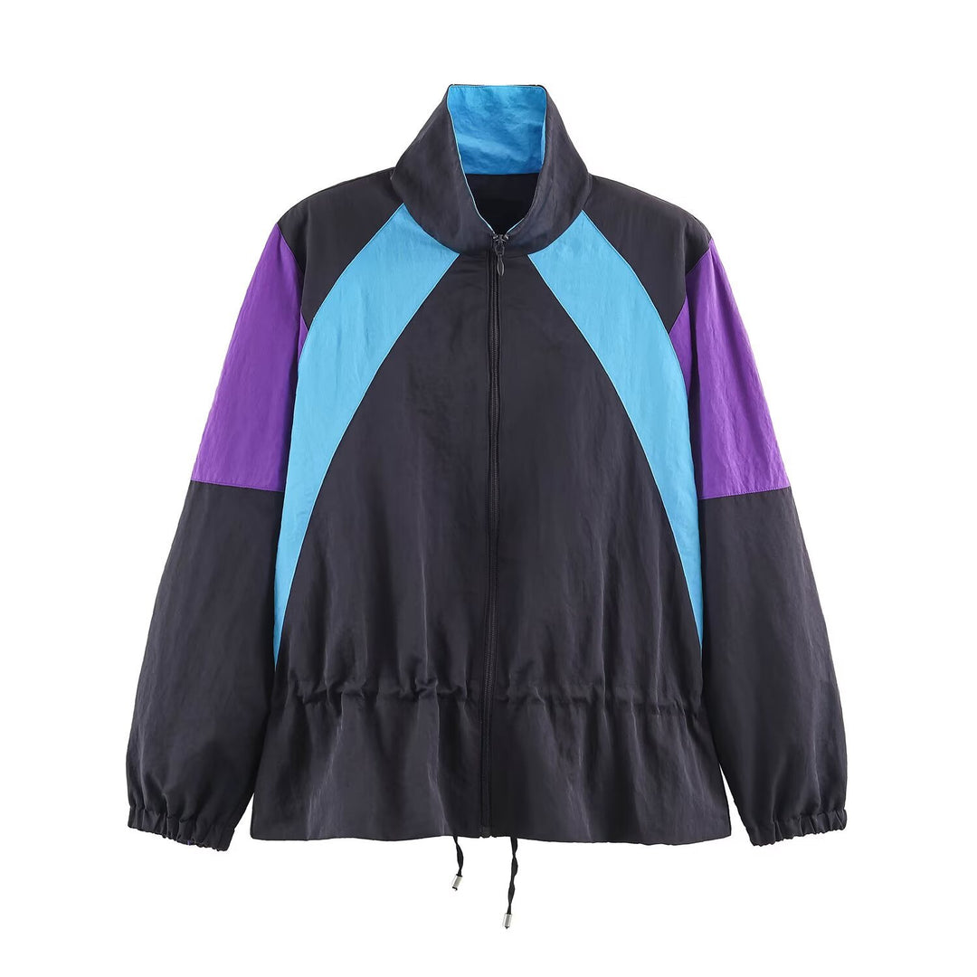 Women's Retro Colorblock Windbreaker with Drawstring and Stand-up Collar Mune Fashion
