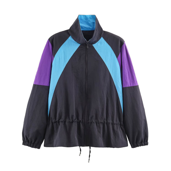 Women's Retro Colorblock Windbreaker with Drawstring and Stand-up Collar Mune Fashion