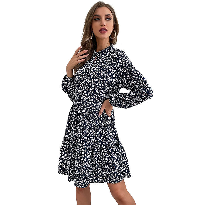 Women Layered Minidress with Stand-up Collar, Floral Print and Fitted A-Line Cut