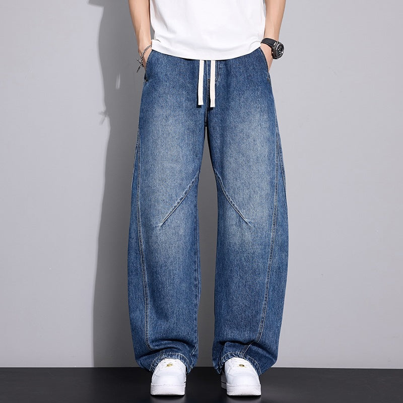 Men's Loose Baggy Jeans with Drawstring Waistband, Distinctive Seaming & Elastic Hem Mune Fashion