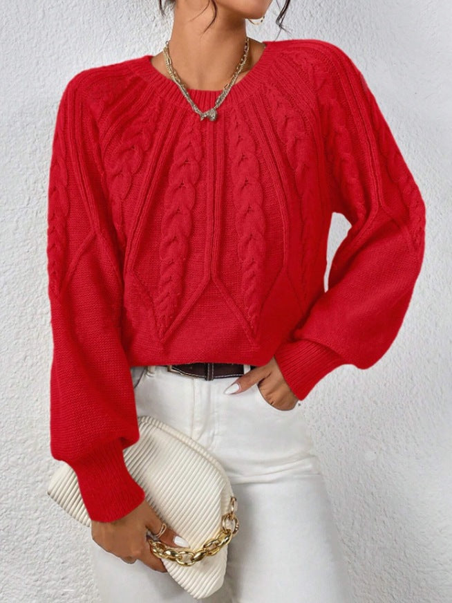 Women's short cable knit sweater with balloon sleeves and ribbed hem Mune Fashion