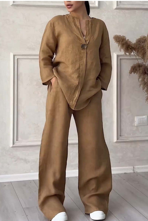 Women's casual linen relax set with wide pants and shirt blouse Mune Fashion