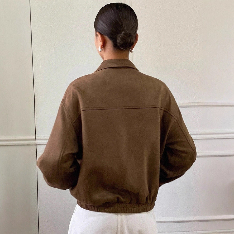 Women Oversized Suede Look Bomber Jacket with Zip and Elastic Hem Drune
