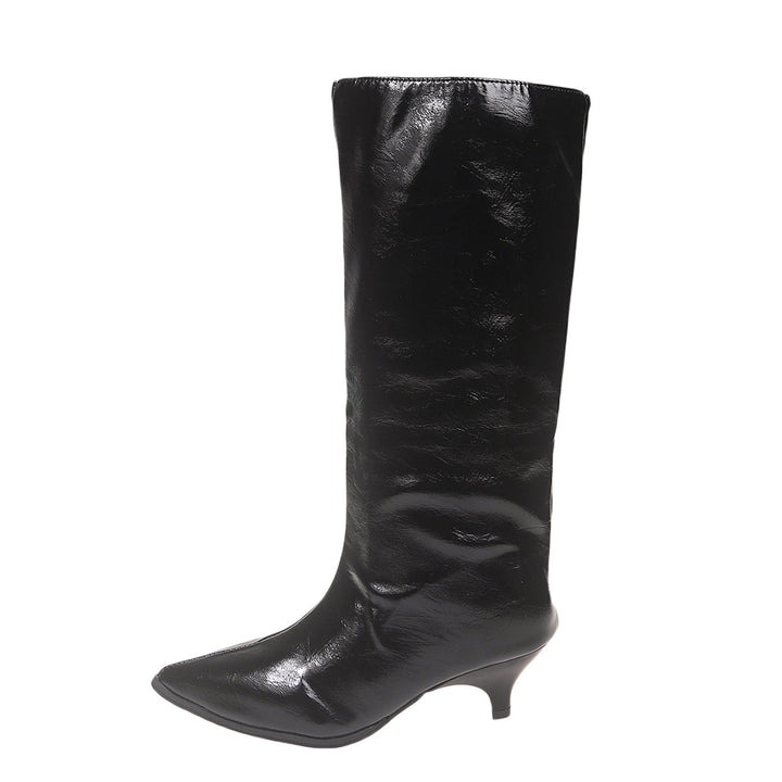 Women's knee-high patent leather boots with pointed toe shape and low kitten heel Mune Fashion