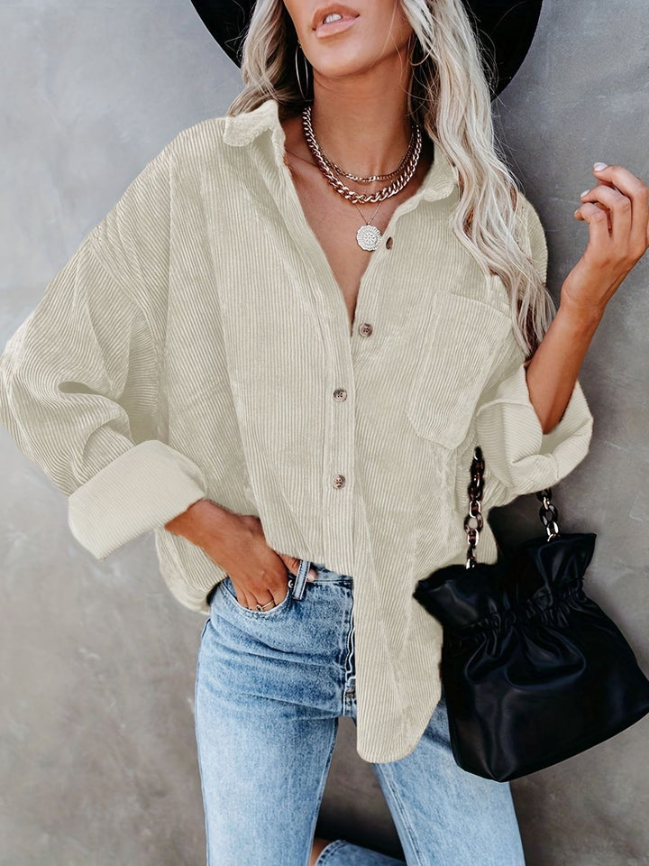 Women's Oversized Cord Shirt Jacket with Breast Pocket and Continuous Button Placket Mune Fashion