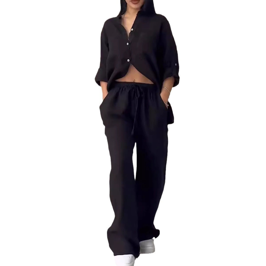 Women's casual linen two-piece set with loose shirt blouse, patch breast pockets, and elastic drawstring waistband Mune Fashion