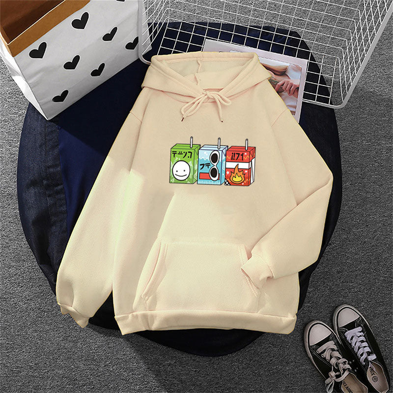 Ladies oversized hoodie with cartoon drink carton print, kangaroo pocket and soft inner lining Mune Fashion