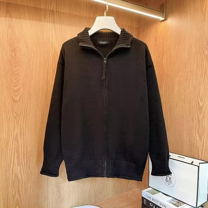 Unisex Comfortable Zipper Knit Jacket with Straight Cut and Stand-Up Collar Mune Fashion