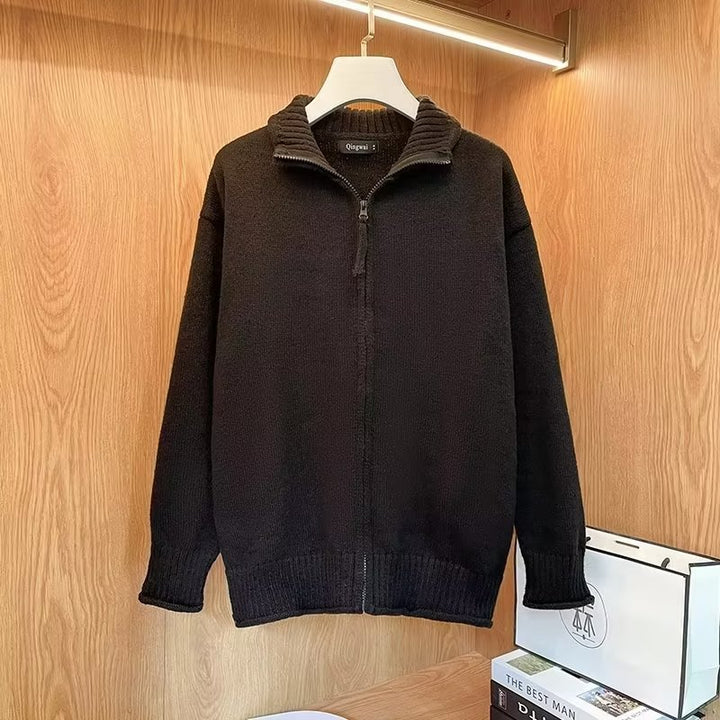 Unisex Comfortable Zipper Knit Jacket with Straight Cut and Stand-Up Collar Mune Fashion