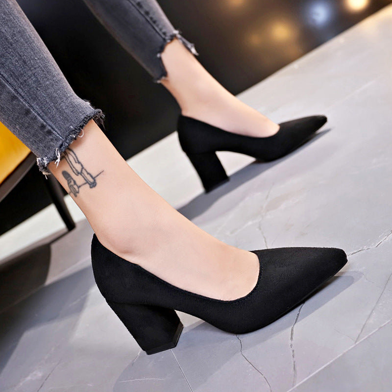 Women's Velvety Pointed Pumps with Mid-Height Geometric Block Heel Mune Fashion