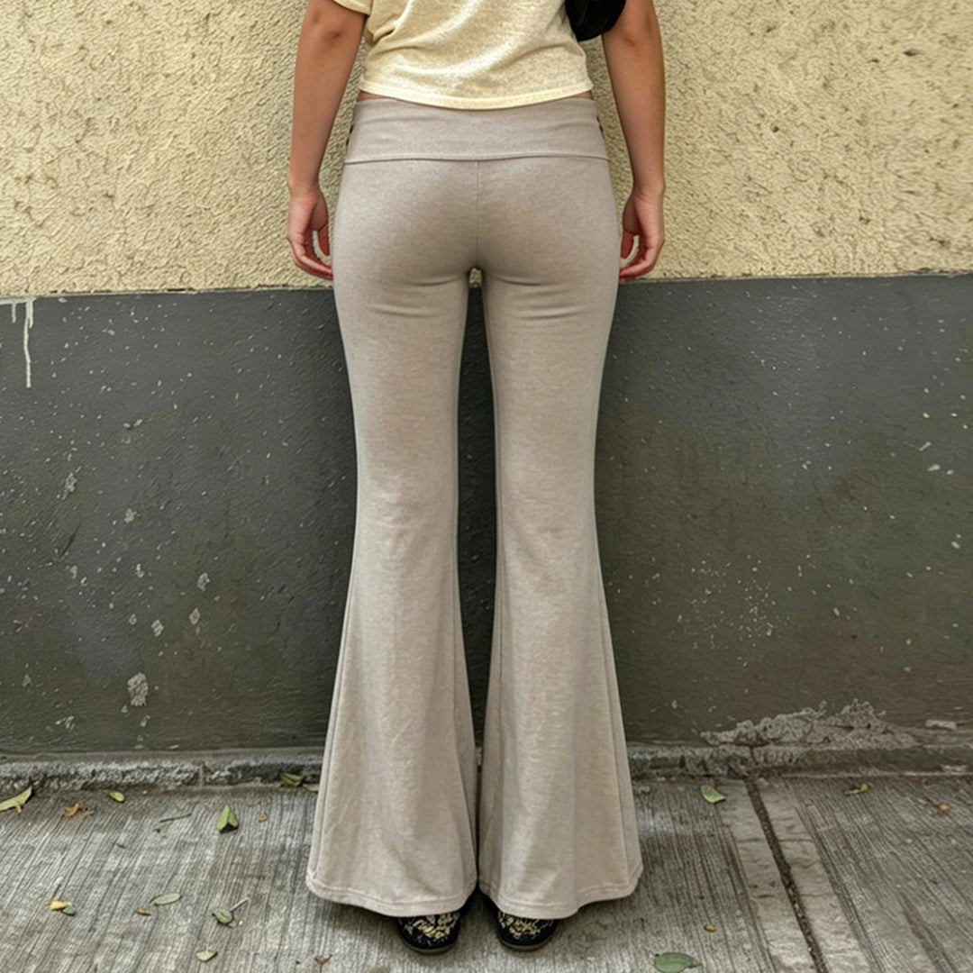 Women's Flared Yoga Pants with Folded Waistband, Comfortable Bootcut Fit and Laser-Cut Flower Detail Mune Fashion