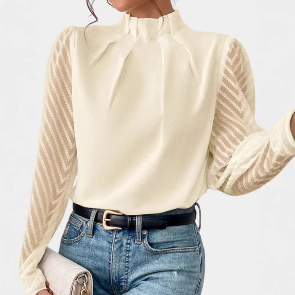 Women's Elegant Chiffon Blouse with Stand-Up Collar, Pleated Edge and Transparent Jacquard Sleeves Drune