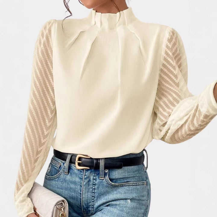 Women's Elegant Chiffon Blouse with Stand-Up Collar, Pleated Edge and Transparent Jacquard Sleeves Drune