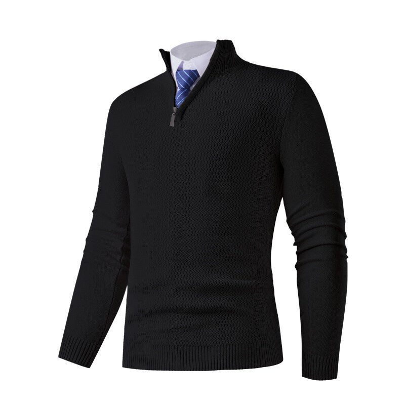 Men's fine knit pullover with stand-up collar and half zipper, textured knit and slim business casual fit Mune Fashion