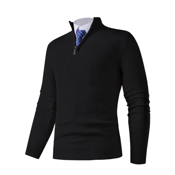 Men's fine knit pullover with stand-up collar and half zipper, textured knit and slim business casual fit Mune Fashion