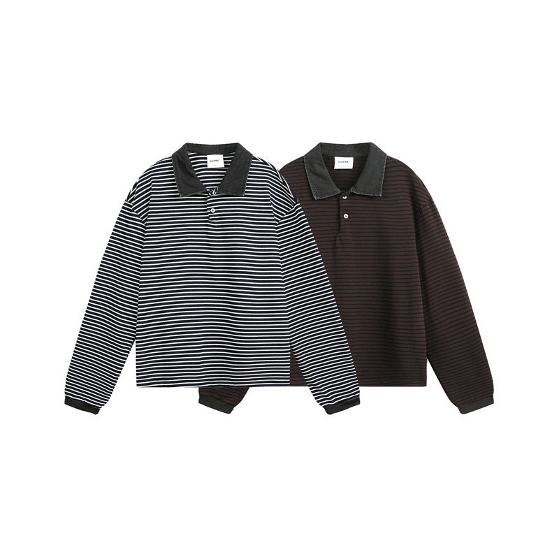 Unisex Relaxed Rugby Polo Shirt with Cord Collar and Fine Striped Knitting Mune Fashion