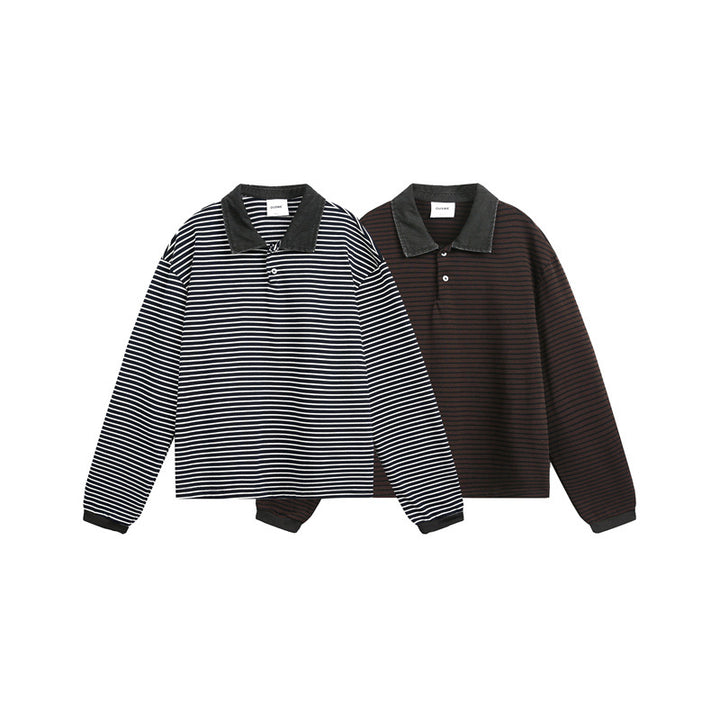 Unisex Relaxed Rugby Polo Shirt with Cord Collar and Fine Striped Knitting Mune Fashion