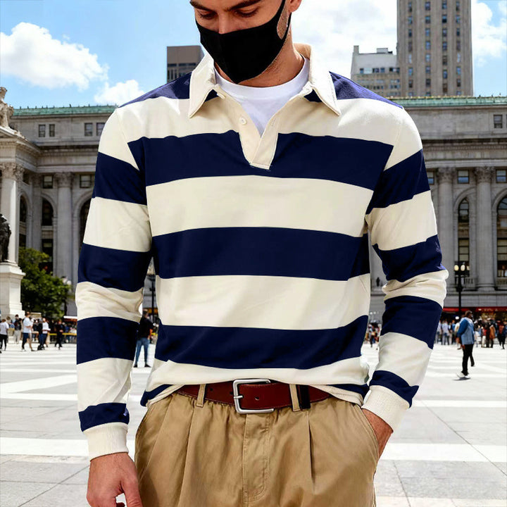 Men's maritime inspired rugby long-sleeve shirt made of cotton blend with polo collar and sturdy cuffs Mune Fashion