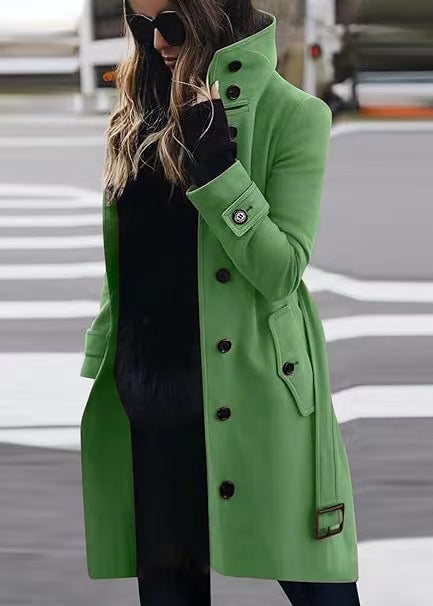Women's Double-Breasted Trench Coat with High Standing Collar, Waist Belt and Cuff Detail Mune Fashion