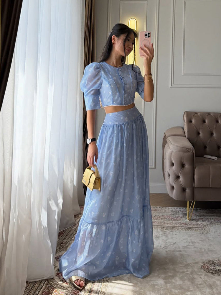 Women's Two-Piece Chiffon Set with Cropped Puff Blouse and Tiered Maxi Skirt Mune Fashion