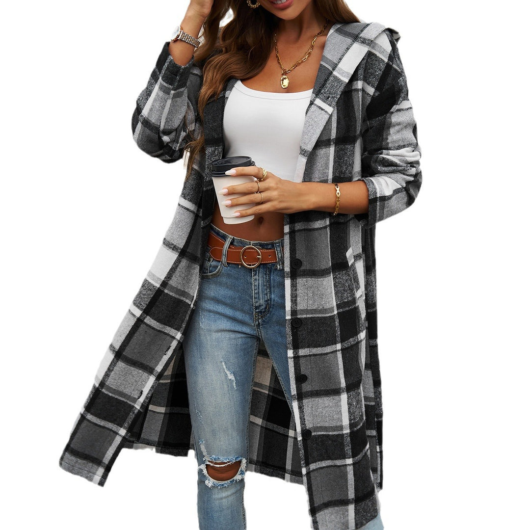 Women's casual hoodie shirt dress with checkered flannel look, full button placket and high side slit Mune Fashion