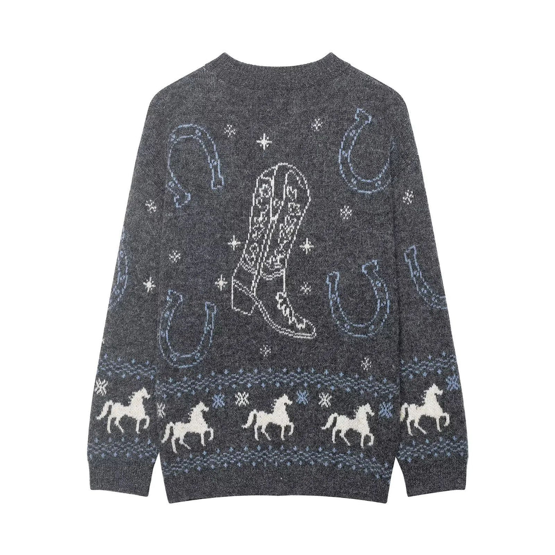 Women's Norwegian knit cardigan with horse and horseshoe motif and decorative metal buttons Mune Fashion