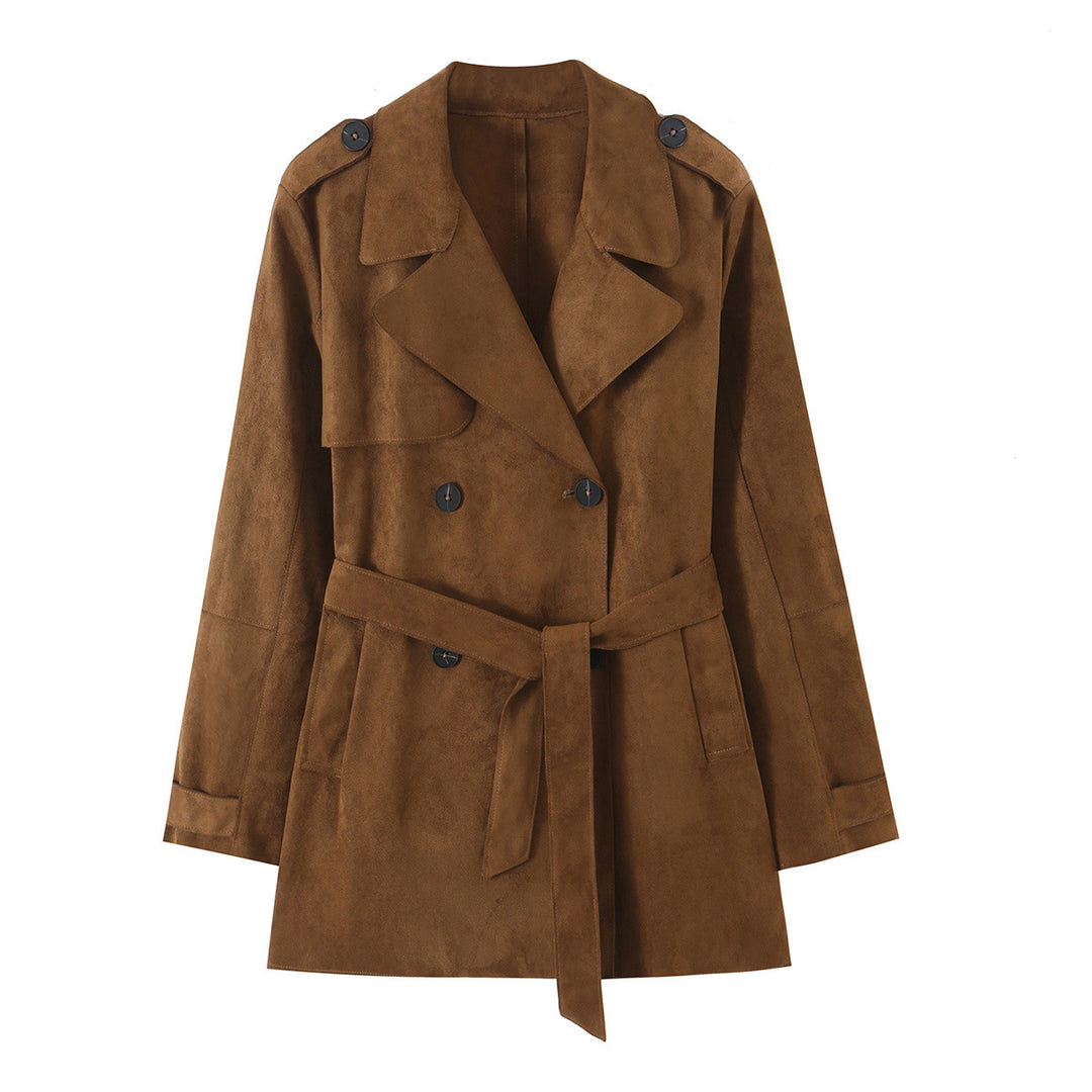Women's Tailored Short Trench in Suede Look with Double-Breasted Button Placket and Epaulettes Mune Fashion