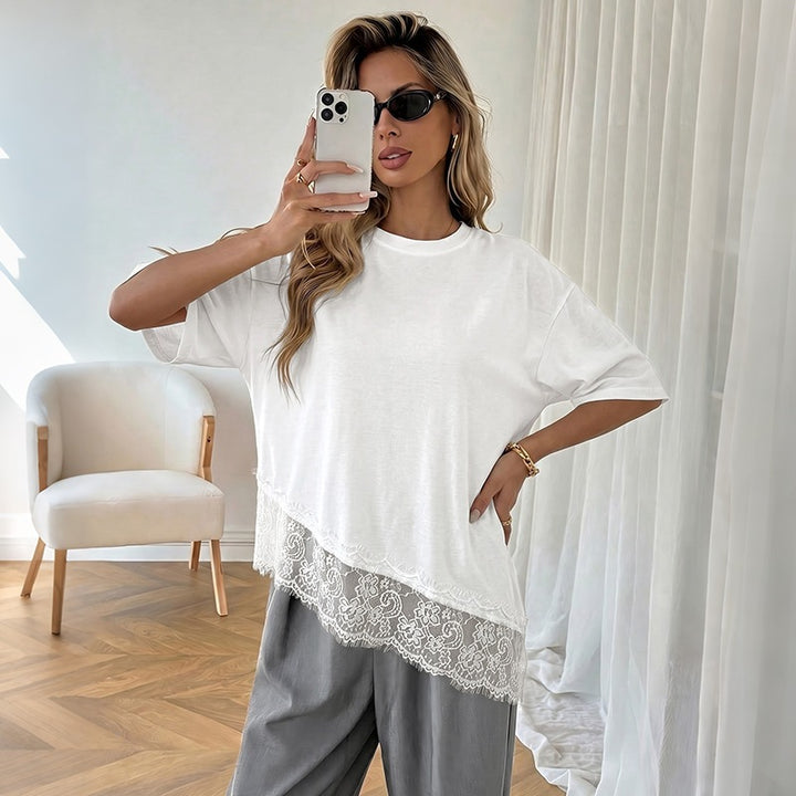 Ladies Elegant T-Shirt with Lace Trim Mune Fashion