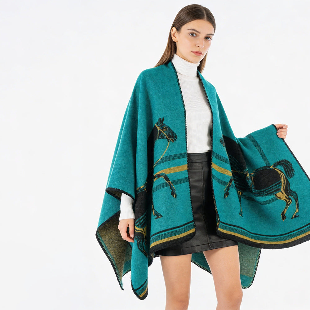 Women's poncho-cape made of wool blend with woven horse jacquard and contrasting piping Mune Fashion