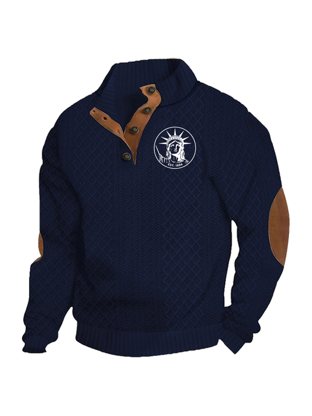 Men's nan Heritage textured pullover with stand-up collar faux leather trim elbow patches and half-button placket Mune Fashion