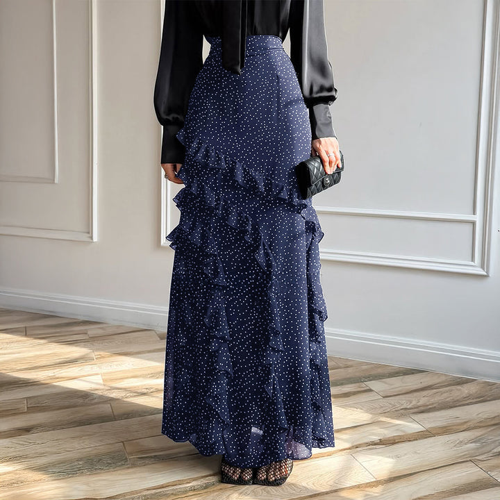 Women's maxi skirt with high waistband, asymmetrical ruffles, and flowing chiffon look Mune Fashion