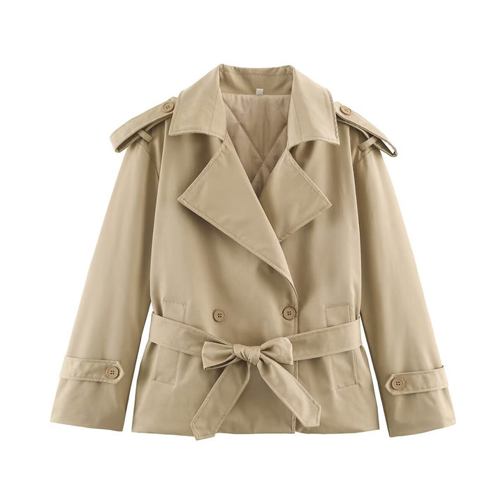 Women's Tailored Short Trench Coat with Tie Belt and Shoulder Patches Mune Fashion