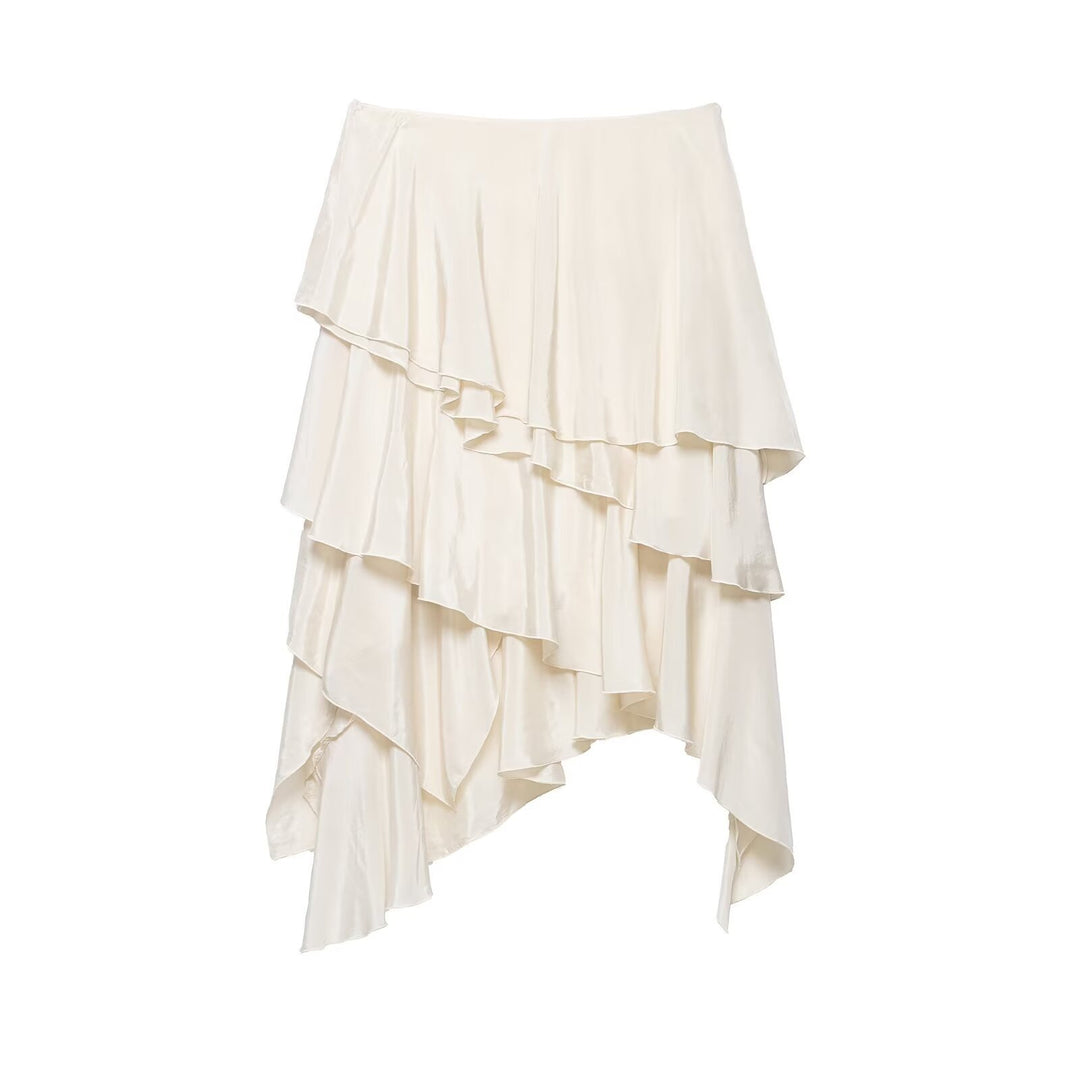 Women's Asymmetrical Tiered Skirt with Ruffles and Flowing Satin Fall Mune Fashion