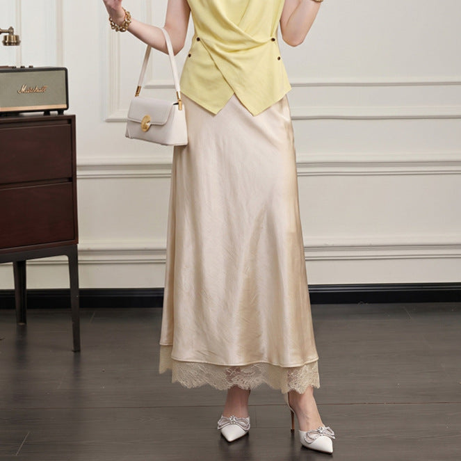 Women's flared satin midi skirt with fine lace lining and seamless waistband Mune Fashion