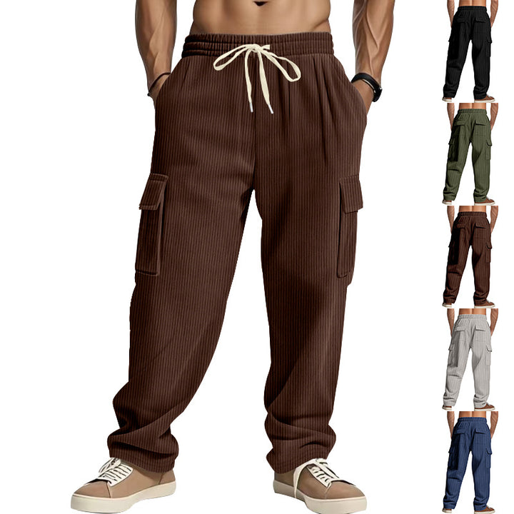 Men's corduroy cargo pants with wide leg, drawstring waistband, and patch cargo pockets